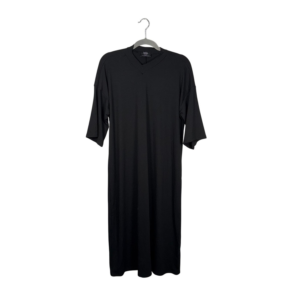 Dressed in Lala Ribbed V Neck Midi‎ Dress Black Size S Casual Basic Everyday